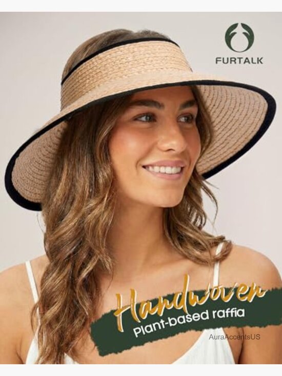Wide Brim Raffia Straw Ponytail Sun Hat UPF 80+ Packable Beach Visor